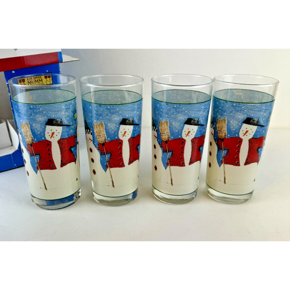 Vintage Debbie Mum Snowman Glass SET 4 16ounc SAKURA ONEIDA winter holiday Snow - Picture 1 of 12